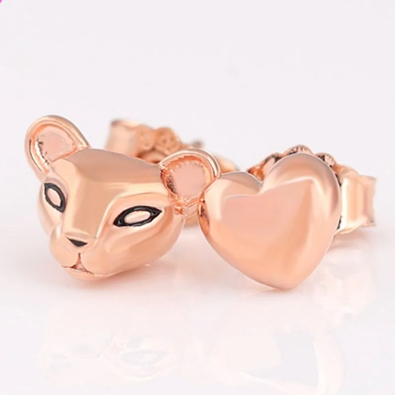 

Authentic 925 Sterling Silver Sparkling Rose Lioness And Heart With Crystal Stud Earrings For Women Wedding Gift Fashion Jewelry