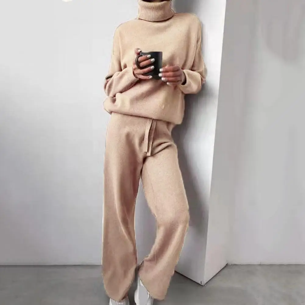 

2pcs Solid Color Knitted Pants Suit Women Outfits Homewear Comfy Turtleneck Pullover Top Wide Leg Pants Women Two Pieces Set