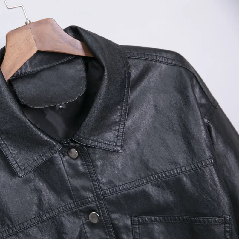 Single breasted lapel large pocket leather coat 2023 spring new short high waist coat small leather jacket