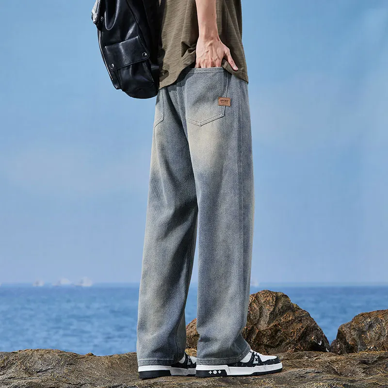 Мужские повседневные прямые джинсы со звездной текстурой винтажные свободные