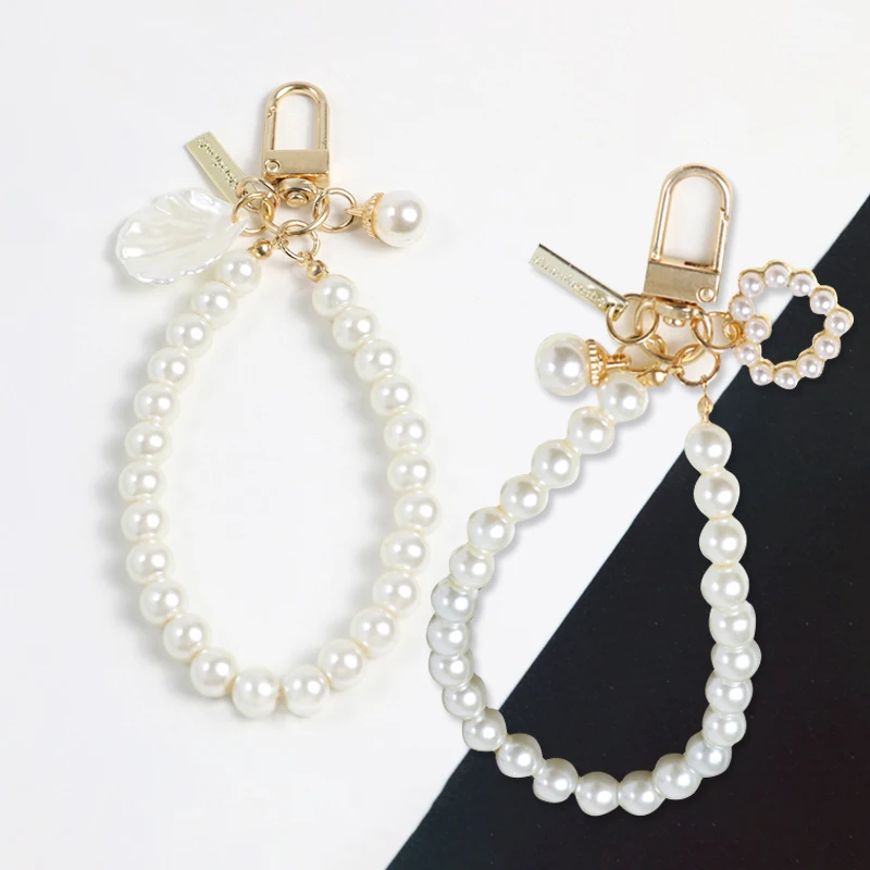 

Fashion Pearl Beaded Chain Keychain Mobile Phone String Lanyard Buckle Ring Hook Key Holder Bag Pendant Decoration Accessory