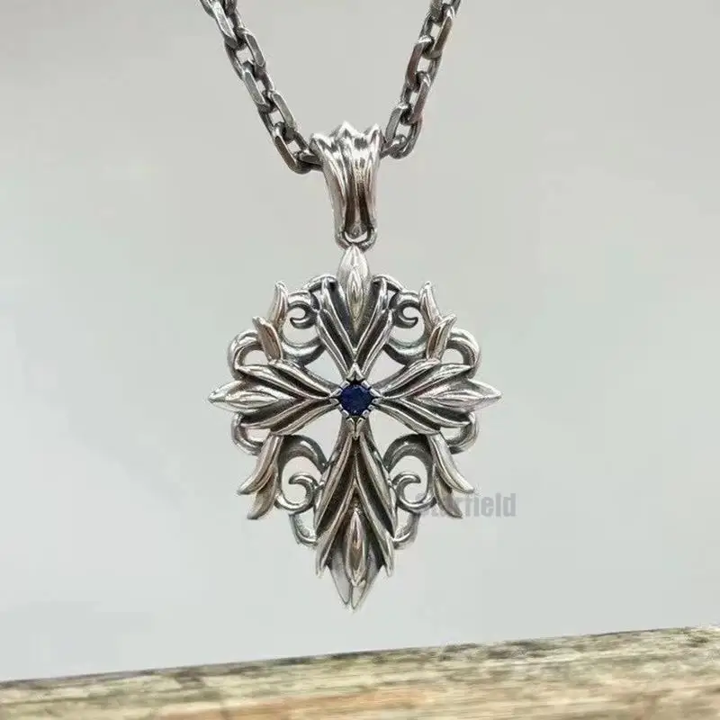 

S925 pure silver personality seiko blue diamond flame cross pendant accessories male joker sweater chain silver