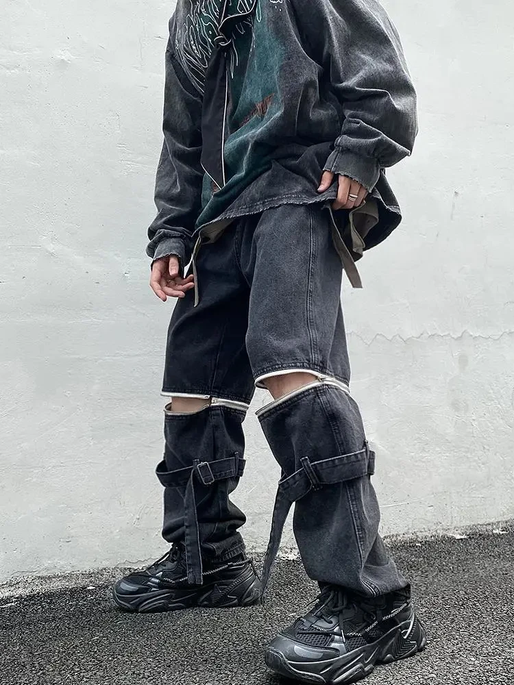 Брюки-карго женские с широкими штанинами и съемной молнией, функциональные прямые мешковатые джинсы в стиле ретро для диабло, винтажные черные джинсы y2k ripp