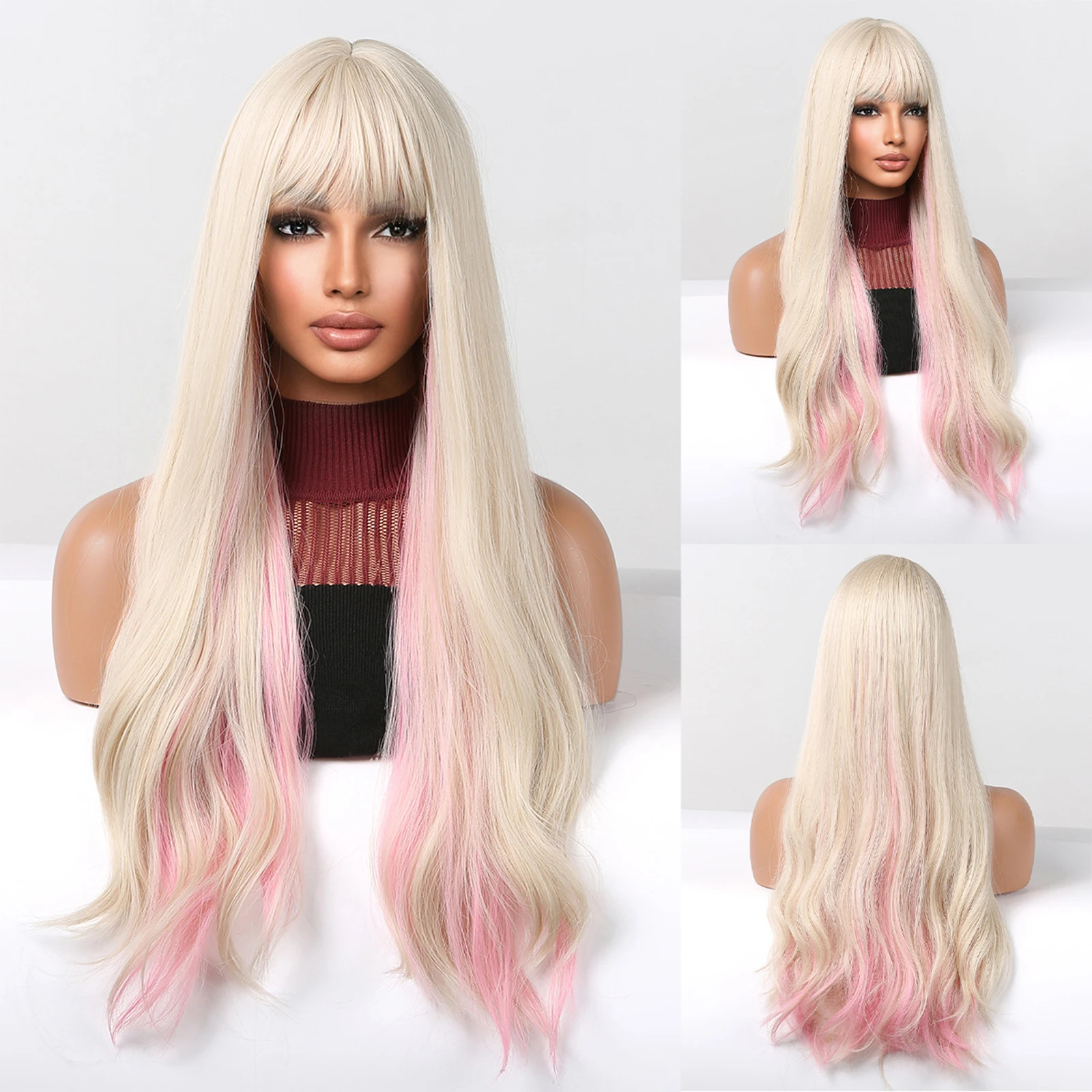 EASIHAIR Long Light Blonde Cosplay Lolita Synthetic Wigs with Bangs for Women Natural Wave Mixed Pink Wig Party Heat Resistant