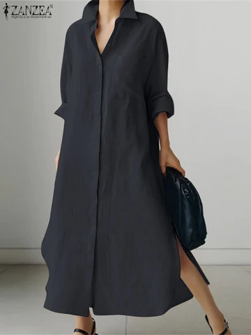 Платье ZANZEA женское с длинным рукавом, однотонное модное свободное Макси-платье с воротником с отворотом, на пуговицах, винтажная одежда