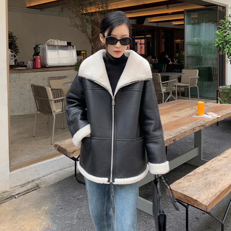 

Women's Warm Real Shearling Coat Winter Double Face Lamb Fur Lining Thick Coat Real Sheepskin Leather Jackets MH3894L
