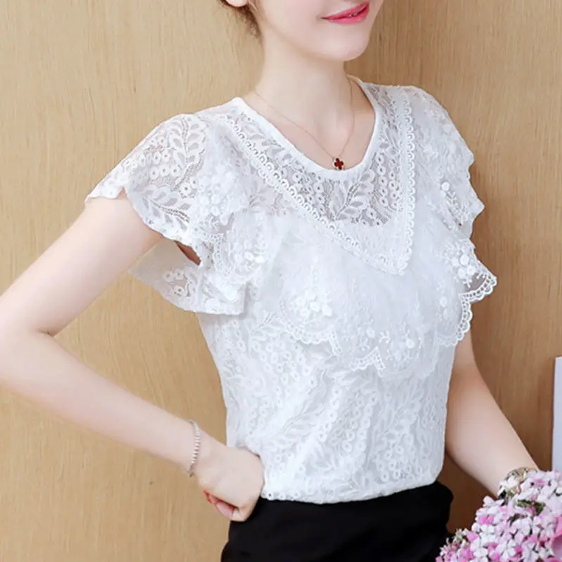 Summer Korean Fashion Lace Top Female Kawaii Sweet Ruffles Elegant Short Sleeve Blouse Women Clothes Aesthetic Chic Pullover