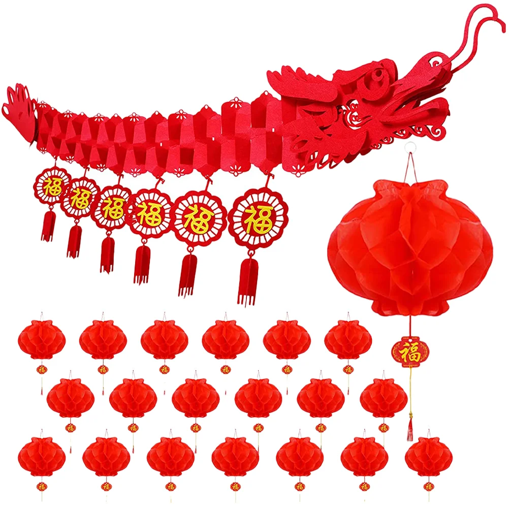 

Festival Dragon Spring New Year Chinese Decor Paper Hanging Ornament Lantern Lanterns Red Decoration Pendant Prop Party 3D