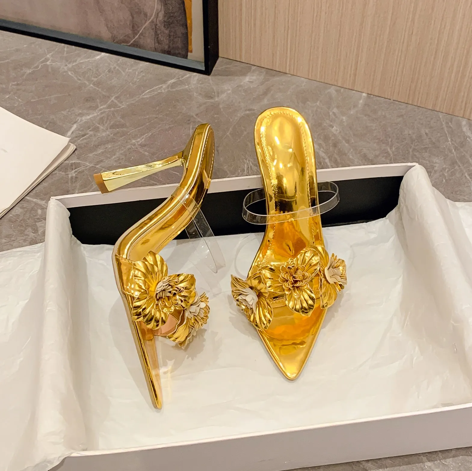 Xibeilove 2023 Summer New Sexy Pointed Flower Women's Slippers Thin Heel PVC Party Shoes High Heel Sandals Gold Silver