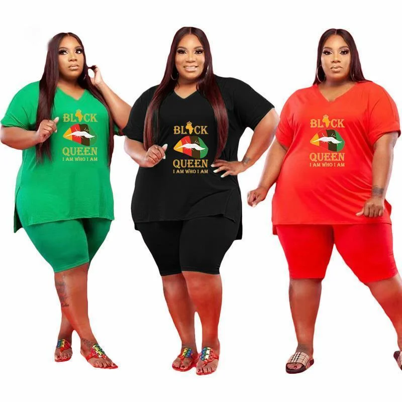 Plus Size 2 Piece Set Women Fashion Lip Print Short Sleeve Cop Top Pants Shorts Sets Jogging Tracksuit Wholes 3xl 4xl 5xl 6xl