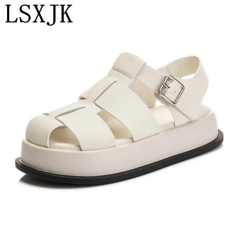 LSXJK Casual Women Sandals 2022 Summer Shoes Genuine Leather Fashion Flats Slippers Female Cut-outs Black White Beach Shoes