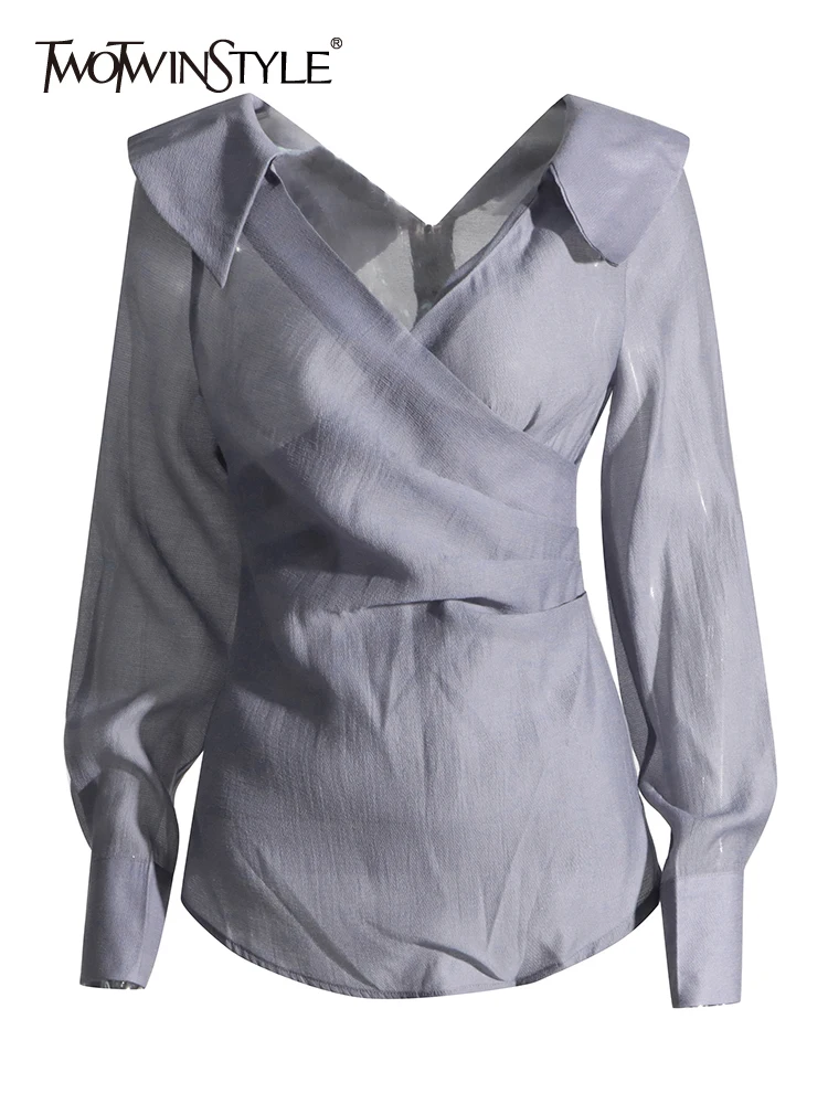 

TWOTWINSTYLE Solid Minimalist Casual Shirts For Women V Neck Long Sleeve Temperament Elegant Pullover Shirt Female Fashion 2023