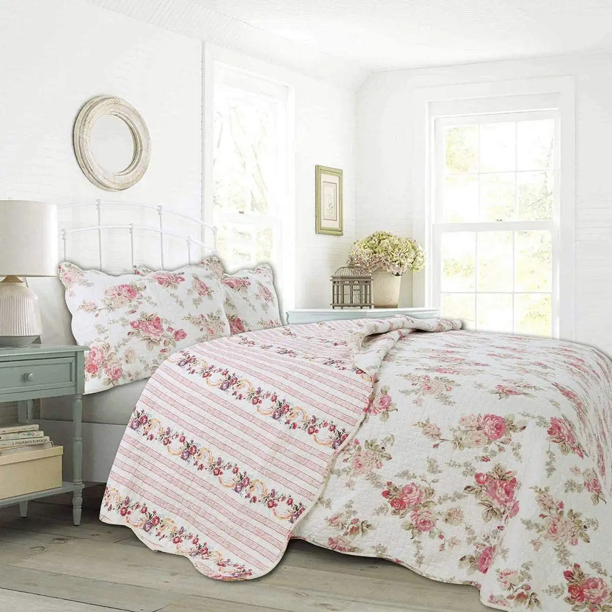 

Cozy Line Shabby Chic Spring Rose 100% Cotton 3-Piece Quilt Set King Set
