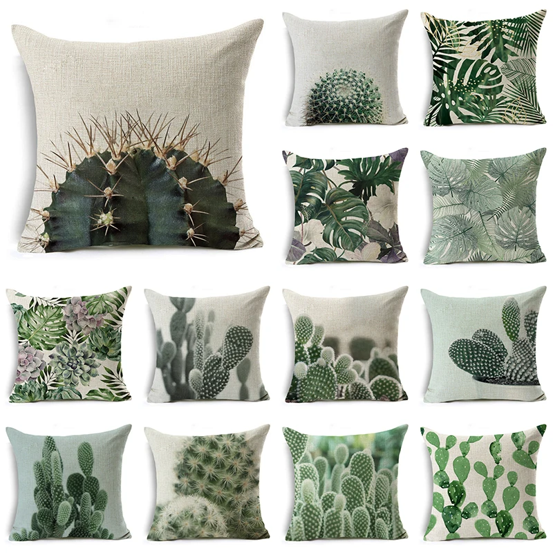 

2022 Tropical Green Cactus and Succulents Cushion Cover Forest Leaf Pillowcase Decorative Cushions for Elegant Sofa Pillow Case