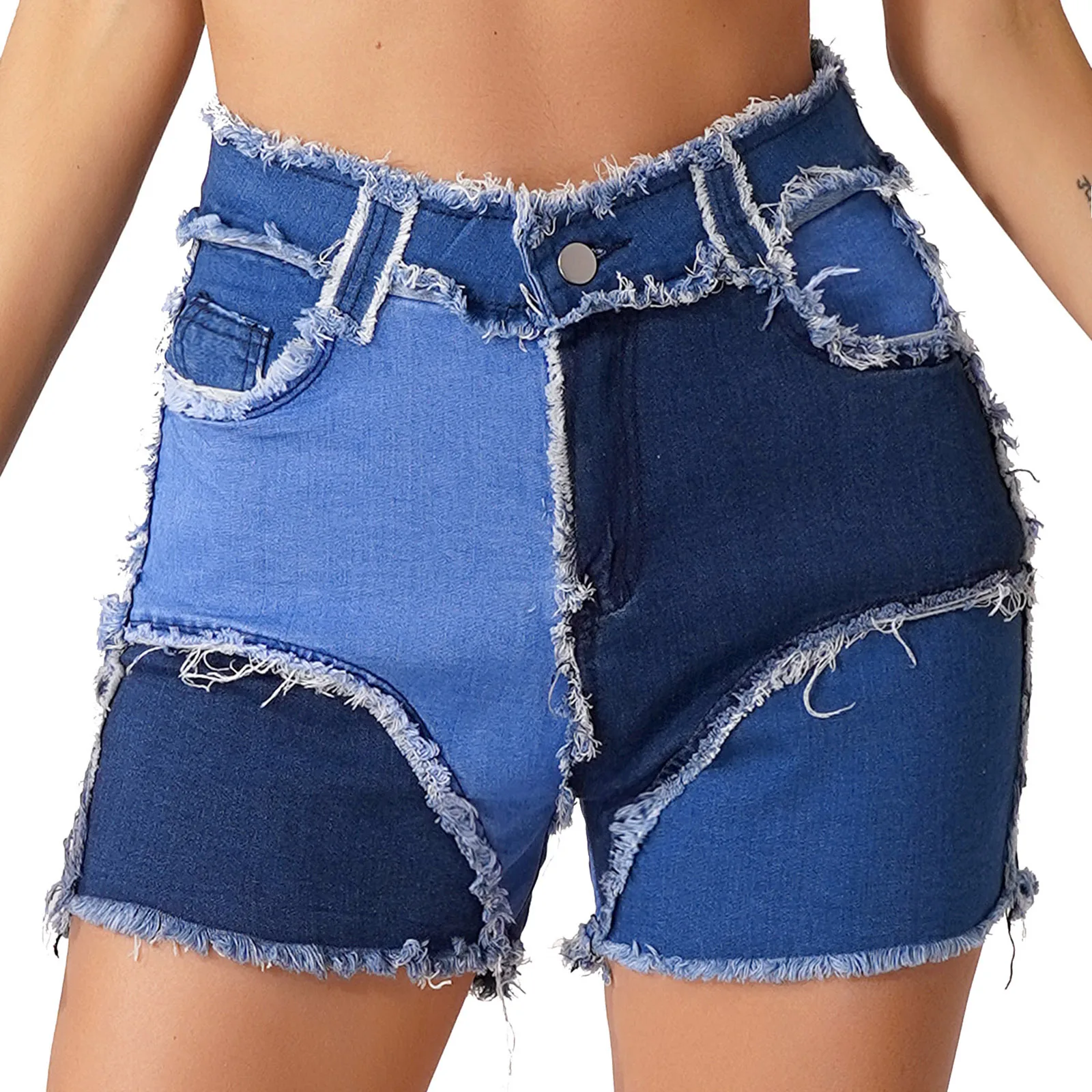 Women Fashion Color Block Denim Shorts Patchwork Frayed Hem Short Jeans High Waist Hot Pants for Club Music Festival