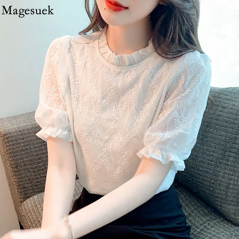 

Stand Collar Puff Short Sleeve Chiffon Lace Tops Female Summer Women Blouse Hollow Out Ladies Elegant Sweet Blusas Mujer 22339