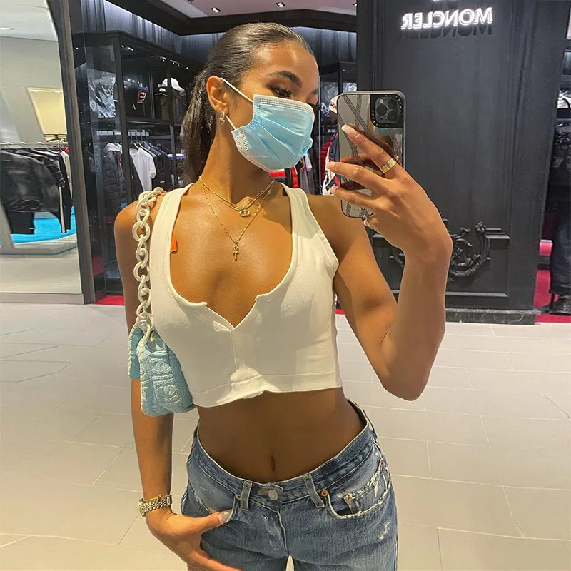 

Cutistation Solid White Sexy Tank Tops Women Summer Y2K Streetwear Open Front V Neck Sleeveless Crop Top Casual Elastic Baby Tee