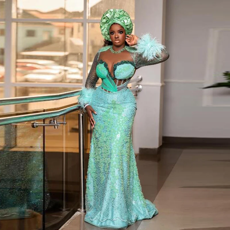 

Aso Ebi Green Mermaid Prom Dresses Sheer Long Sleeves With Feather Evening Gowns Arabic Women Formal Occasion Party Dress