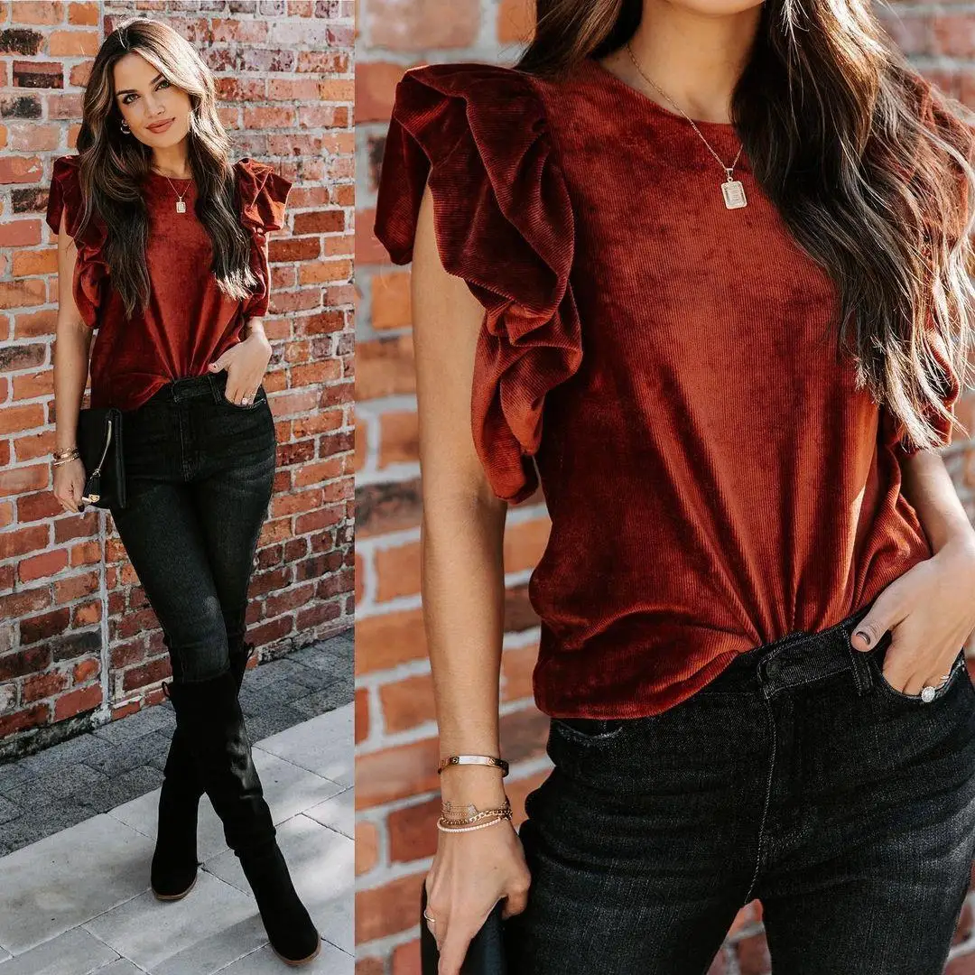 

Women Vest Sleeveless Korean Velvet Pullover Lotus Leaf Trim Solid Color Spring And Summer Fashion Round Neck Loose T-shirt