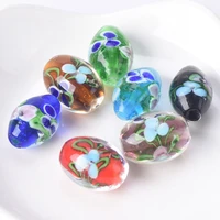 5pcs oval shape 16x12mm flower patterns handmade lampwork glass loose beads for diy crafts jewelry making findings