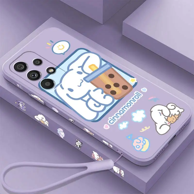 

Kulomi Sanrio Cinnamoroll Phone Case For Samsung A53 A52 S A33 A32 A51 A71 A21S A13 A73 A50 A72 A23 A12 5G Liquid Left Rope