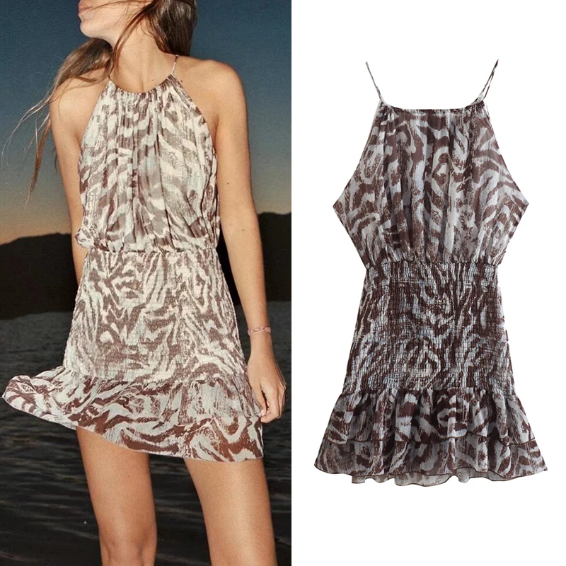 

Женское Короткое платье без рукавов, летнее пляжное платье-комбинация с каскадными украшениями, эластичной талией и круглым вырезом, OP9964, ...