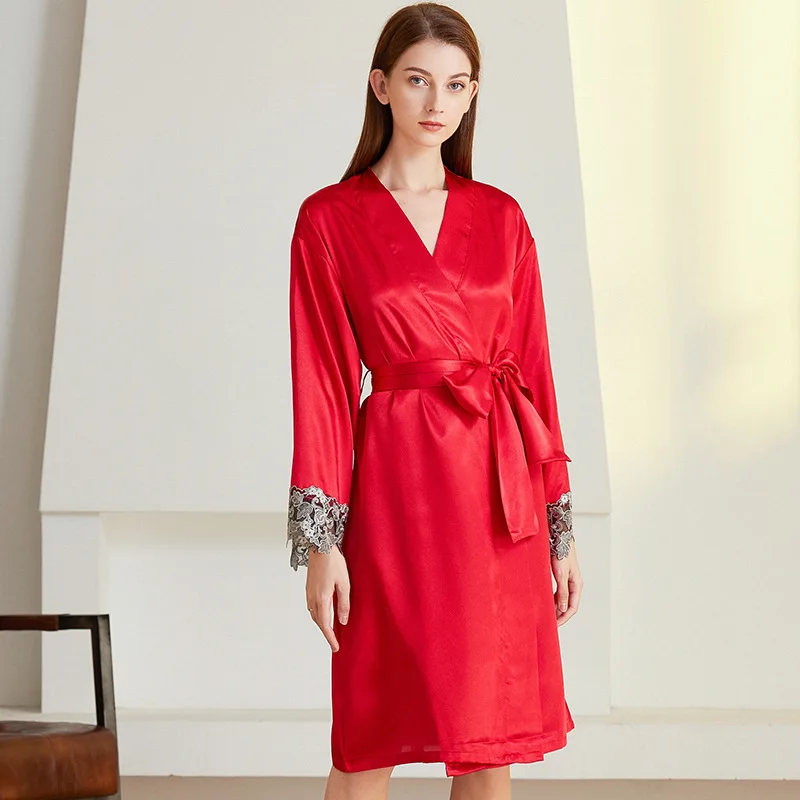 Lace Satin Robe Women Sexy Sleepwear Bride Bathrobe Kimono Wedding Robe Gown V-Neck Long Sleeve Home Clothing Intimate Lingerie
