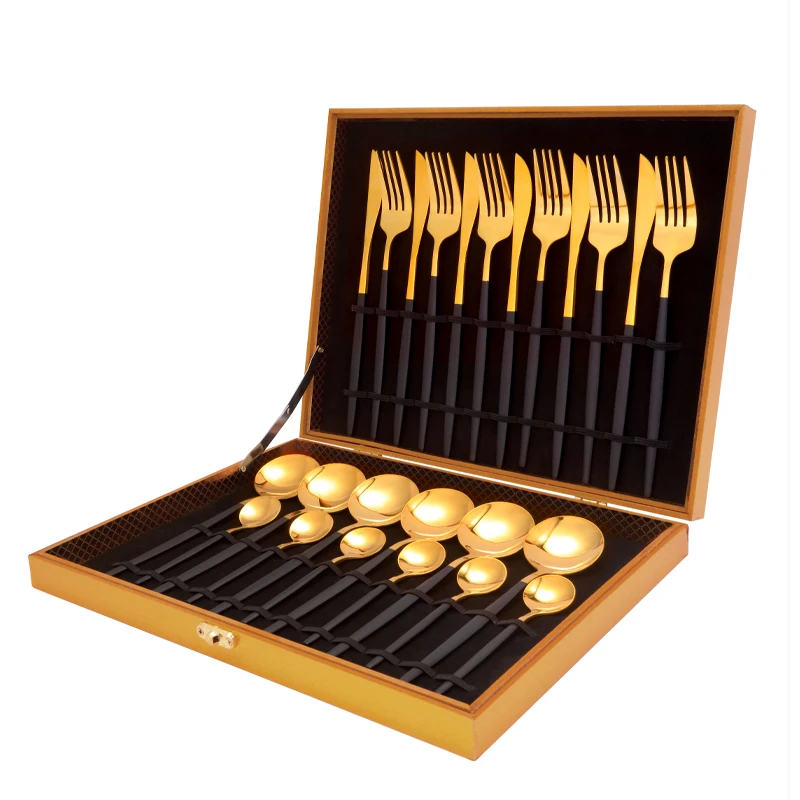 

Набор высококлассных золотых столовых приборов, комплект из 24 приборов из нержавеющей стали в Европейском стиле, с ножом, вилкой, ложкой, По...