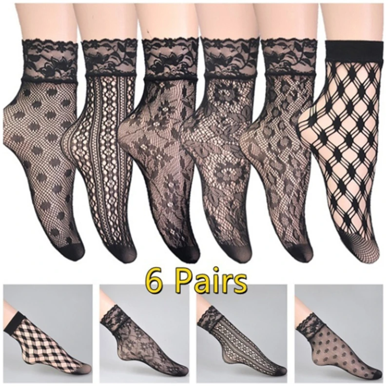 

6 Pairs Elegant Lovely Girls Summer Fashion Sexy Lady Soft Black Lace Ruffle Fishnet Mesh Lace Short Ankle Ultrathin Socks