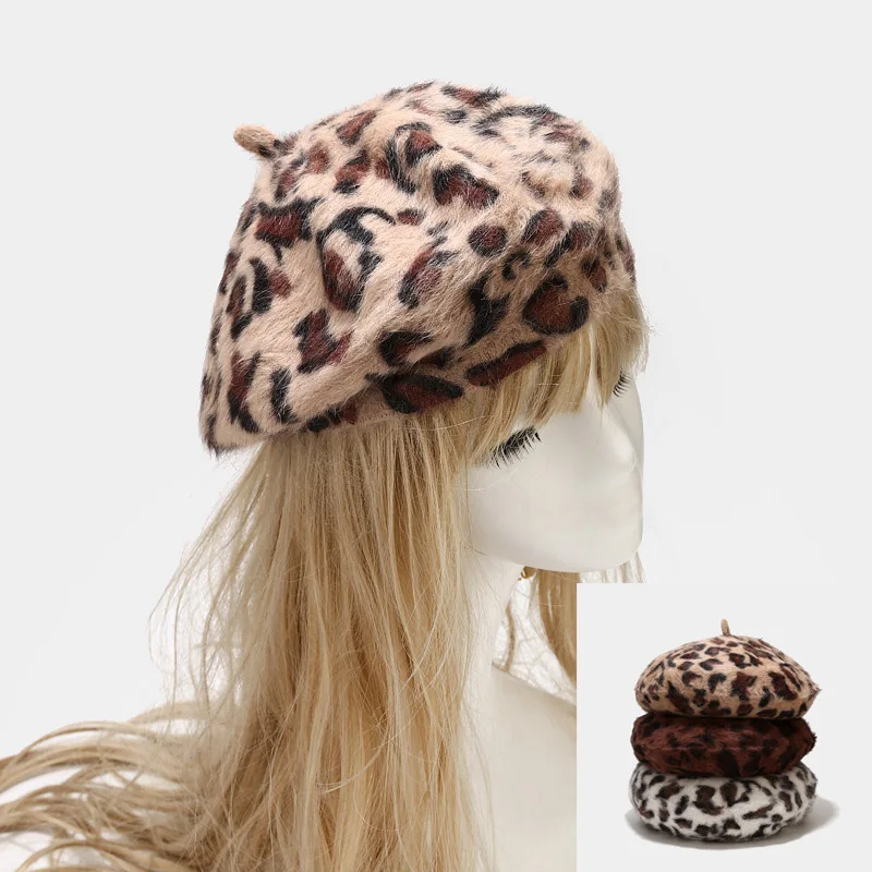

Leopard Print Rabbit Fur Buckle Beret Painter Hat Octagonal Hat Women and Girl