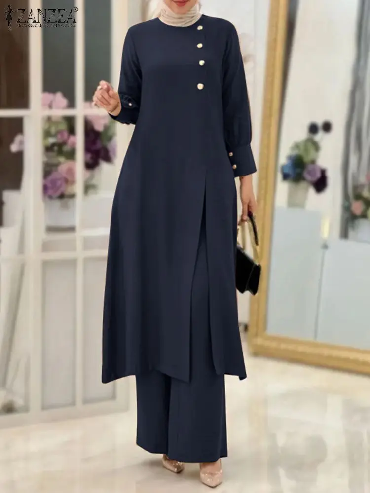 2023 ZANZEA Eid Mubarek Muslim Suit Two Piece Sets Long Sleeve Split Hem Tops Loose Pant Woman Vintage OL Work Urban Tracksuit