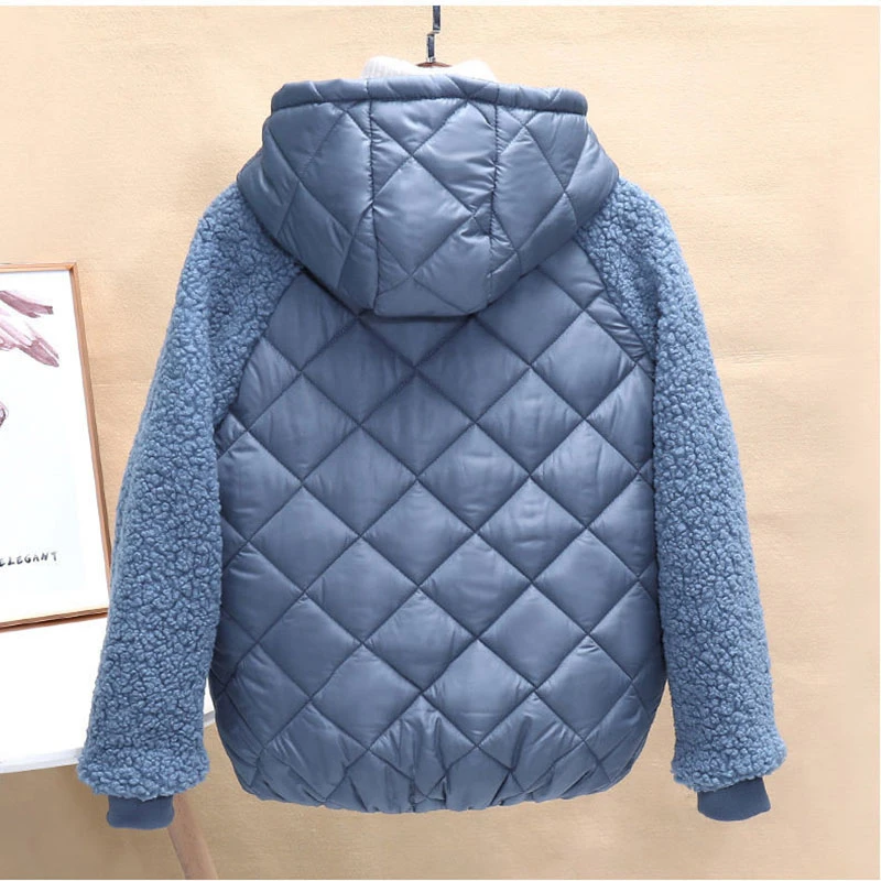 Thin light Down Cotton Jacket Women's Autumn Winter Paneled Long Sleeves 2022 New Hooded Loose Imitation lamb Wool Cotton Jacket