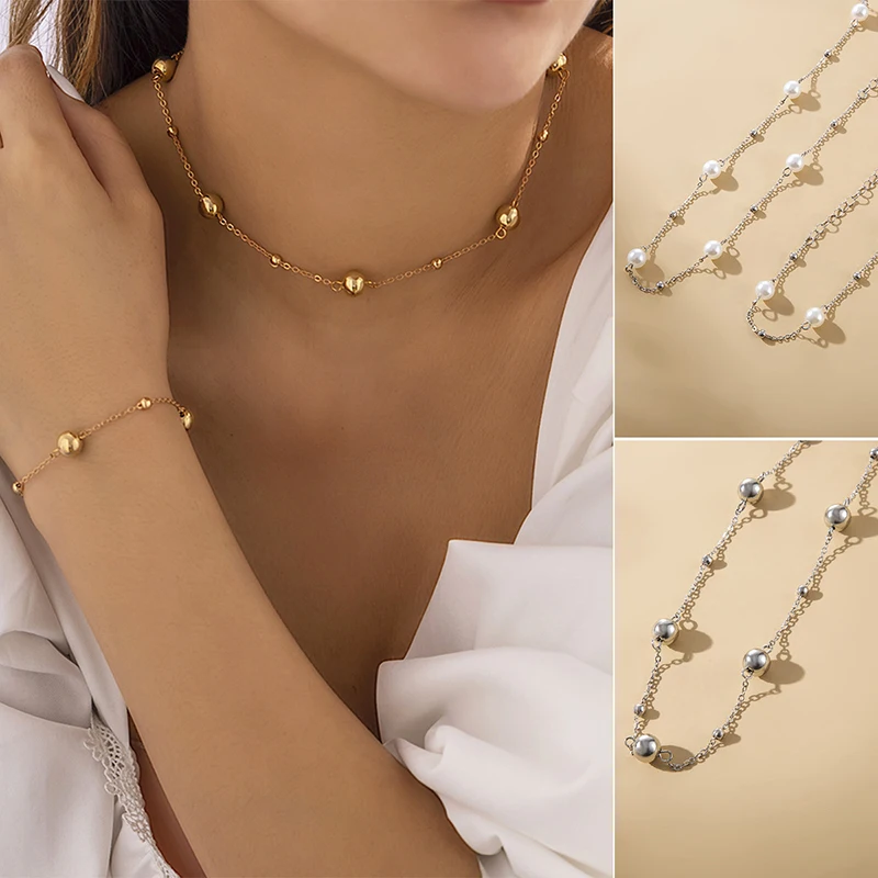 

Gold Color Silver Color Pearl Necklace Set Matching Bracelet For Women Bead Stainless Steel Chain Chocker Necklace Party Jewelry