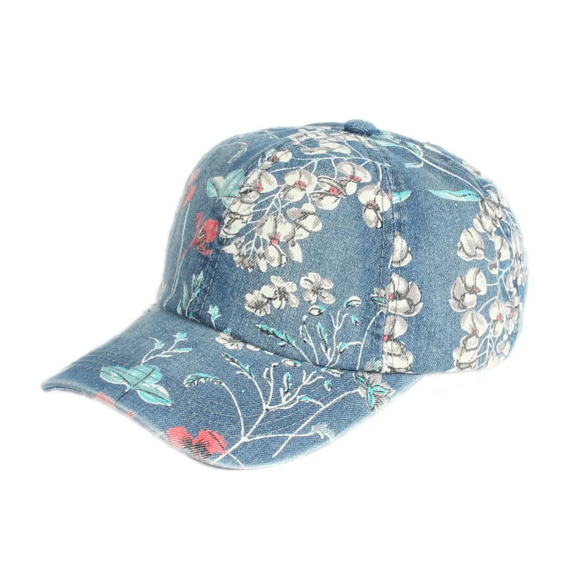 

Wholesale High Quality European And American Trendy Summer Sunshade Casual Hat Denim Printed Flowers Baseball Hats Sports Caps