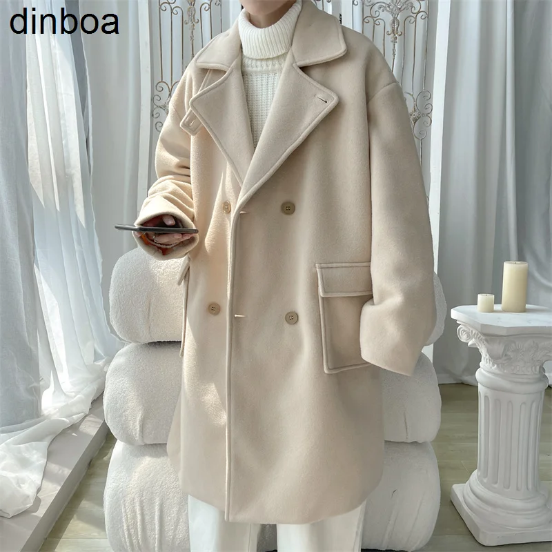 

Dinboa-2022 New Woolen Coat Men's Y2k Mid-length Over-the-knee Windbreaker Top Loose Plus Size Youth Comfortable Warm Coat Tops