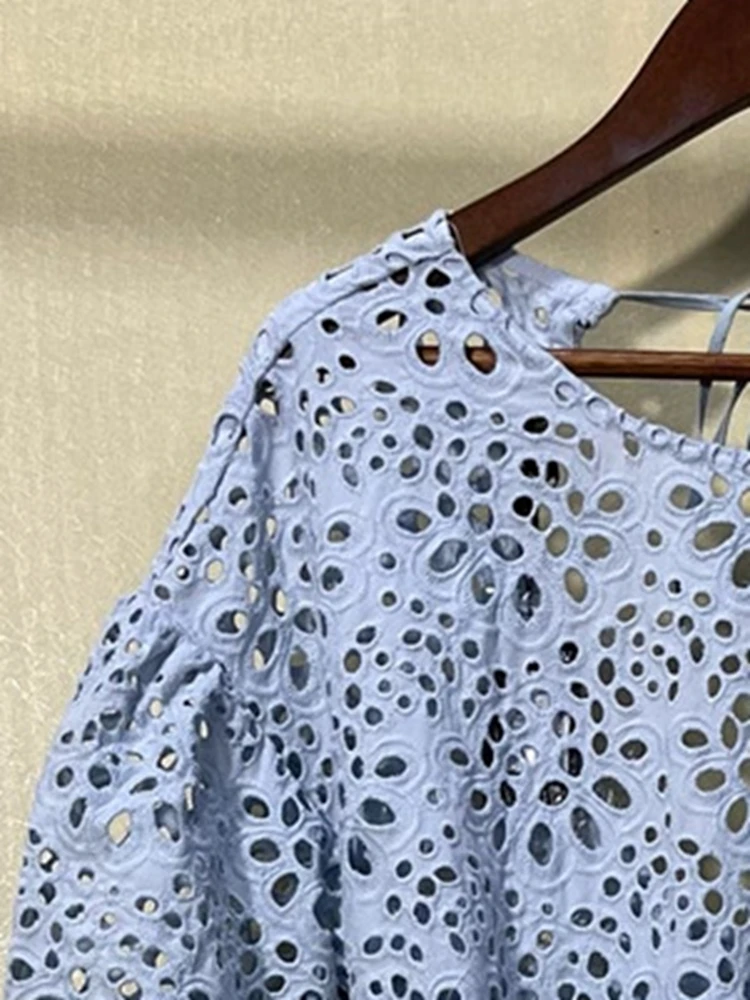 

2022 Spring and Summer New Women Embroidered Hollow Out Puff Sleeve Lace-up Dress Women Midi Dress