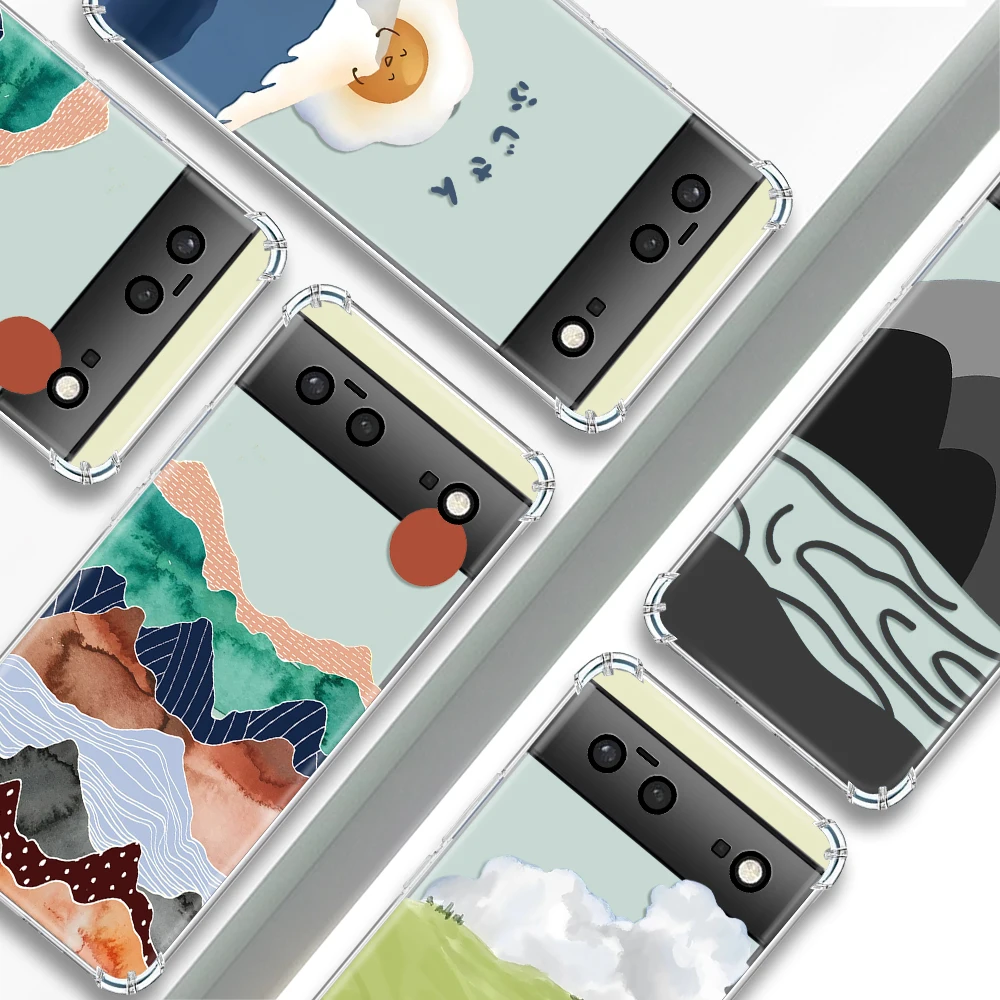 

Cartoon Mountain Abstract Transparent Phone Case For Google Pixel 7a 6a 7 6 6Pro 7Pro Cases Shockproof Soft Silicone TPU Cover