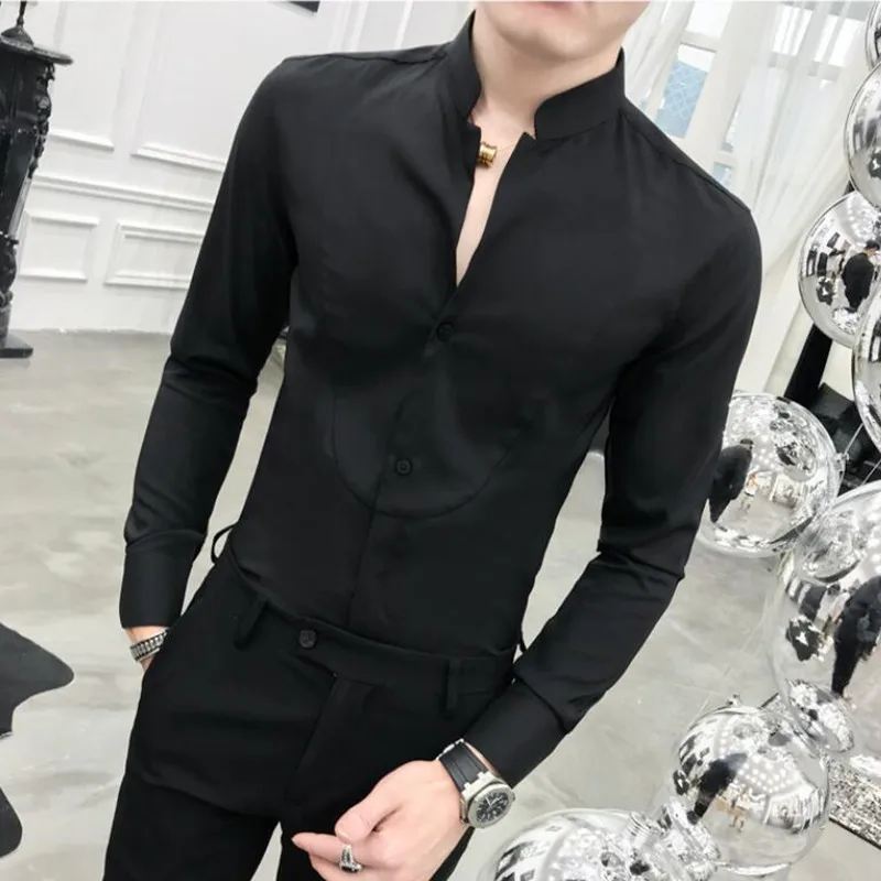 4XL 5XL Autumn New Solid Long Sleeve Dress Shirt Men Clothing Simple Slim Fit Casual V-Neck Formal Wear Office Blouse Homme Hot