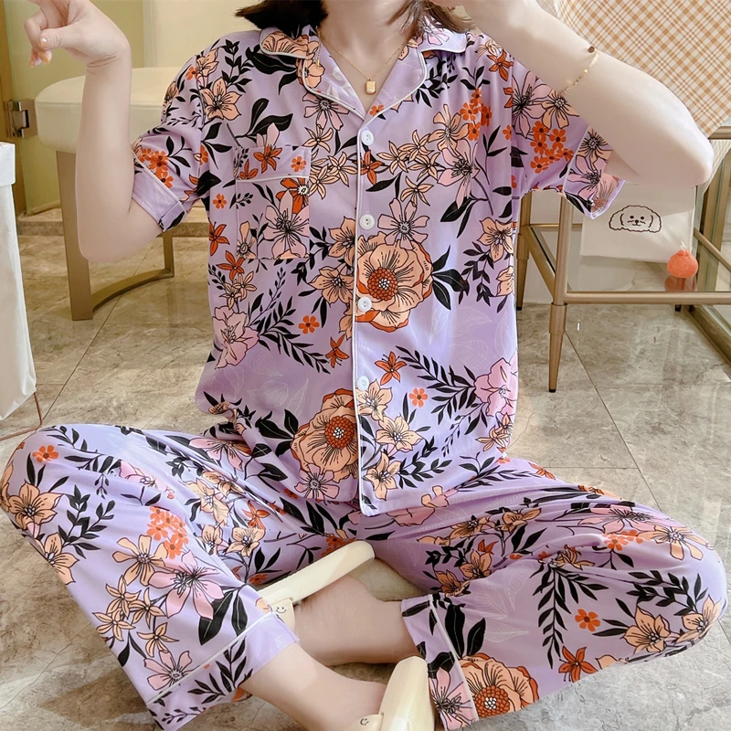 Summer Cotton Pajamas Women's Floral Print Short-sleeved Trousers Cardigan Sweet Casual Loose Luxury Home Wear Pj Sets for Women