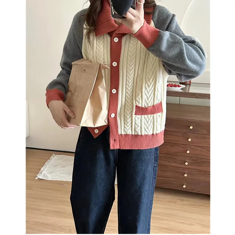 

2023 Autumn/Winter New Sweater Coat,Fashion Colorblock Style Knitted Cardigan Women's Lazy Style Fashion Versatile Thickened top