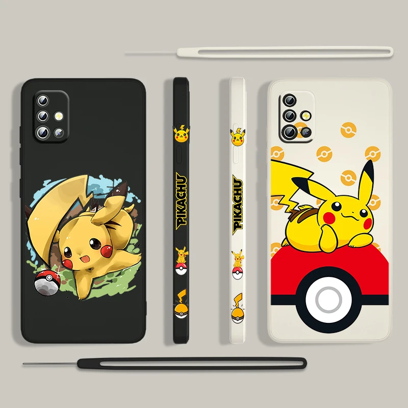 

Cute Anime Pikachu For Samsung Galaxy A73 A53 A33 A52 A32 A22 A71 A51 A21S A03S A50 4G 5G Liquid Left Rope Phone Case Capa Cover