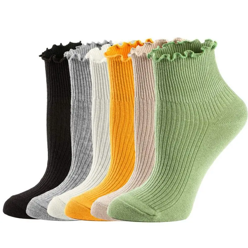

6 Pairs Womens Retro Socks Ruffle Turn-Cuff Casual Plain Ankle Socks Kawaii Cool Thin Cotton Knit Lettuce Low Cut Frilly Sock