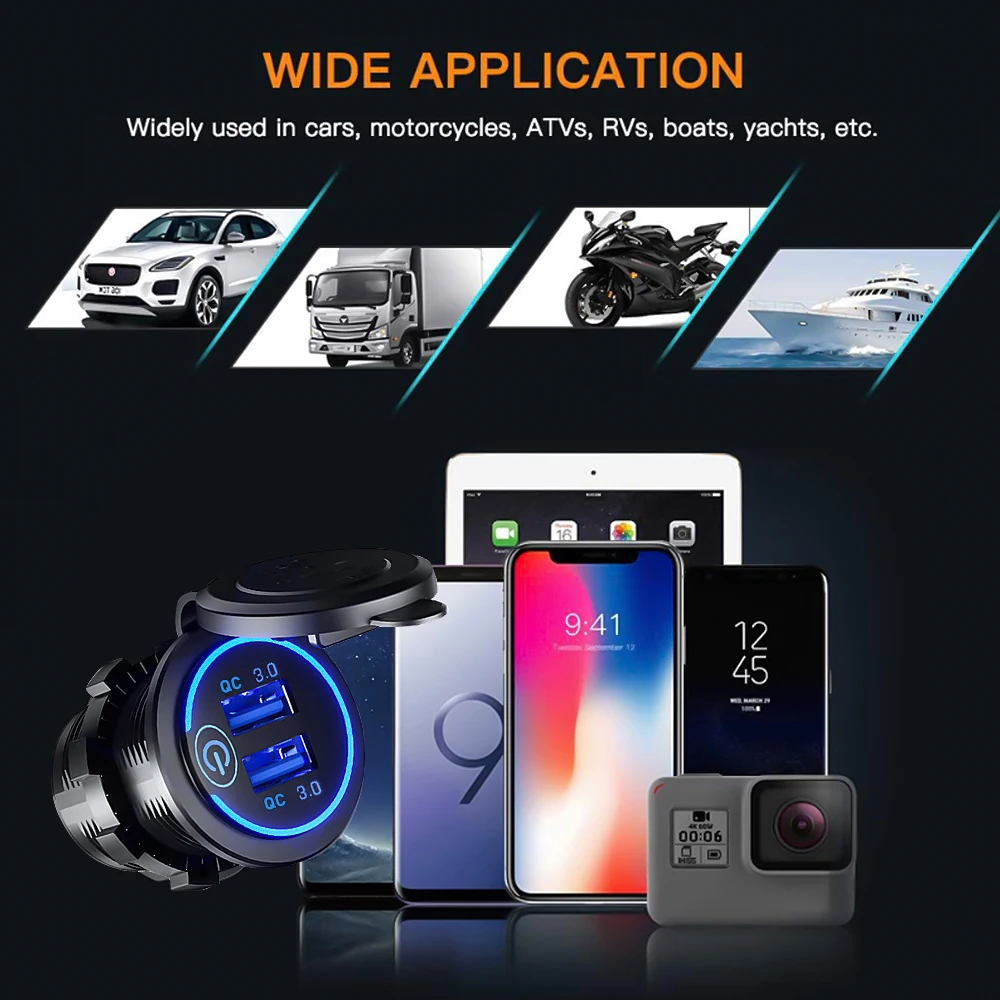 Портативная зарядка для автомобиля Powstation USB Cigar Car Charger Quick Charge 3.0 Dual USB Socket 24V Fast Touch Switch Electronic Lighter on.