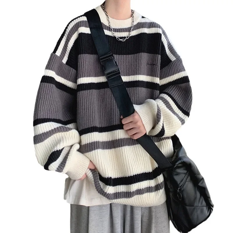 Модный винтажный мужской свитер с блокирующими полосками повседневный вязаный