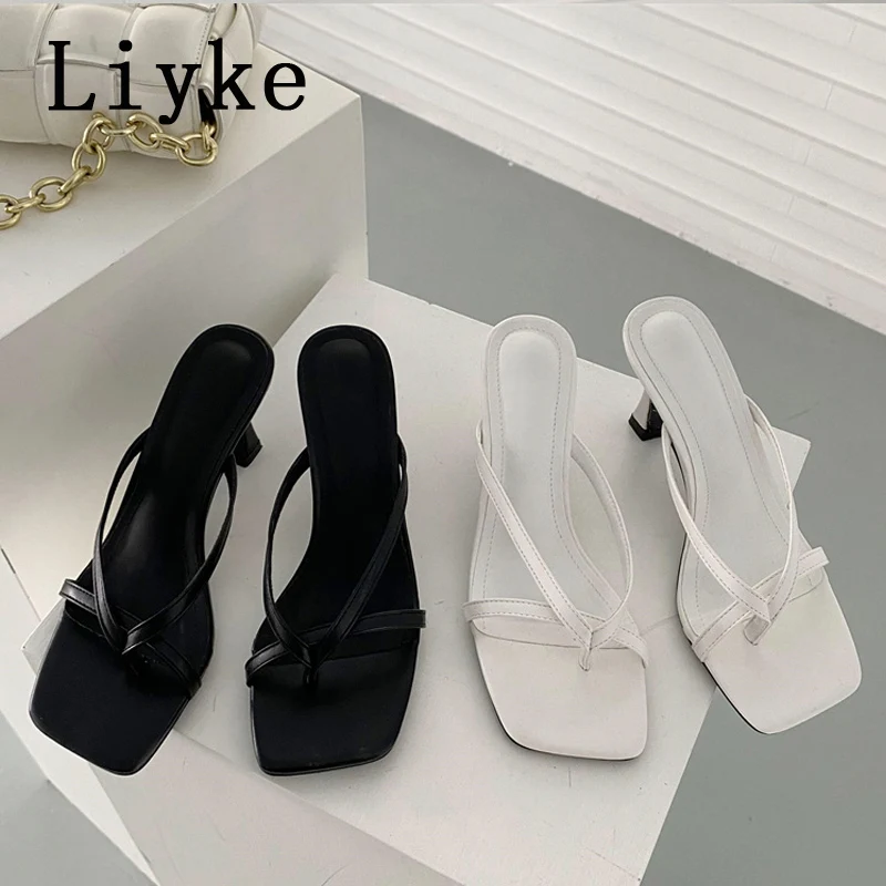 

Liyke 2022 New Black Slippers Female Summer Outdoor Sandals Slip On Flip Flop Ladies Thin High Heels Slides Elegant Women Shoes