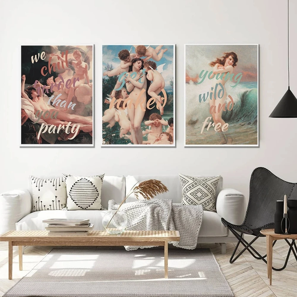 

Young Wild and Free Quote Pictures Retro Poster The Birth Of Venus Canvas Painting Greek Goddess Get Naked Wall Art Home Decor