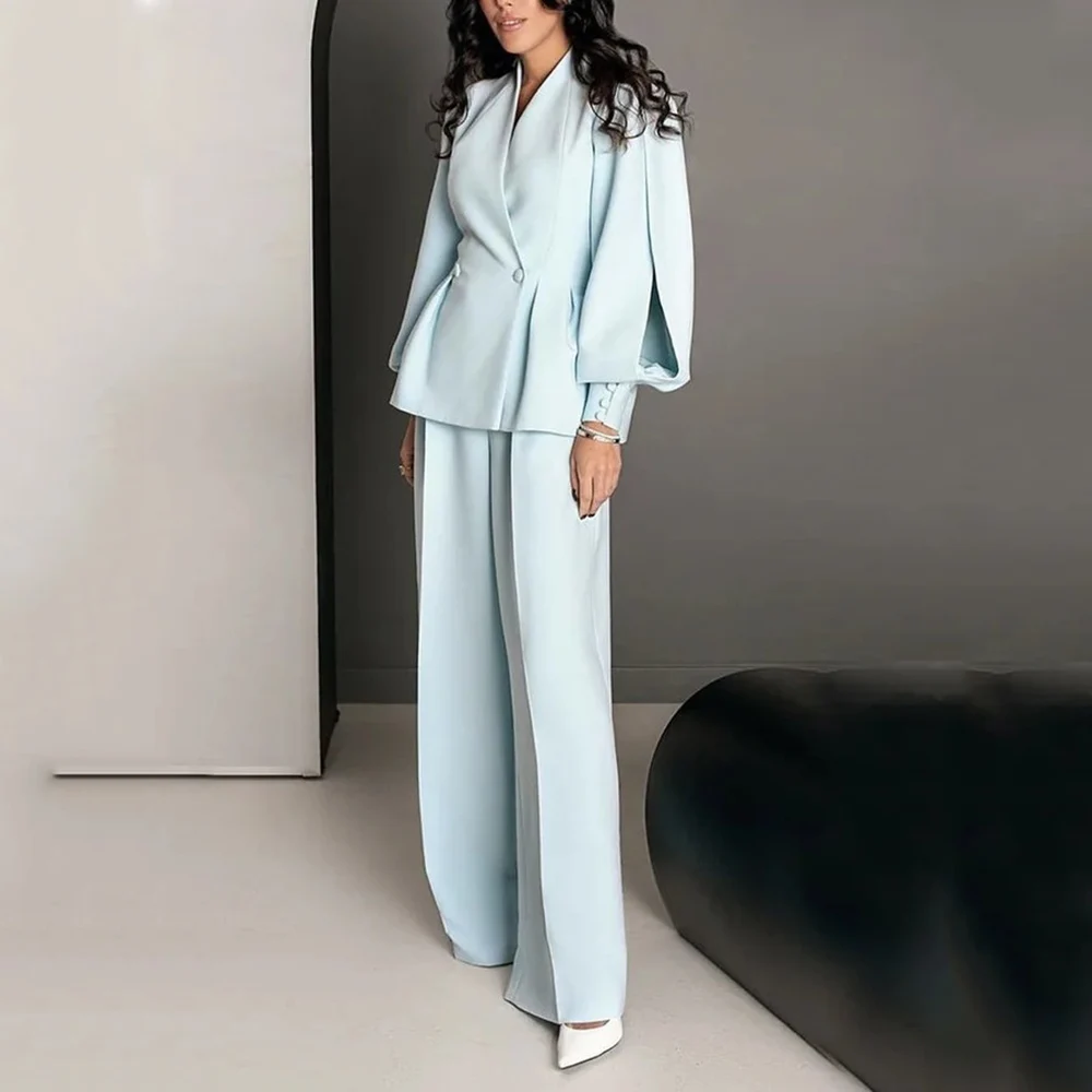Baby Blue Two-Piece Suits One Button Big Leg Jacket Pants For Women Latest Formal Wedding Party Cloth Top Quality