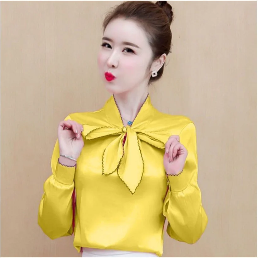 Атласная рубашка женская с длинными рукавами весна/лето 2023 шелковая бантом