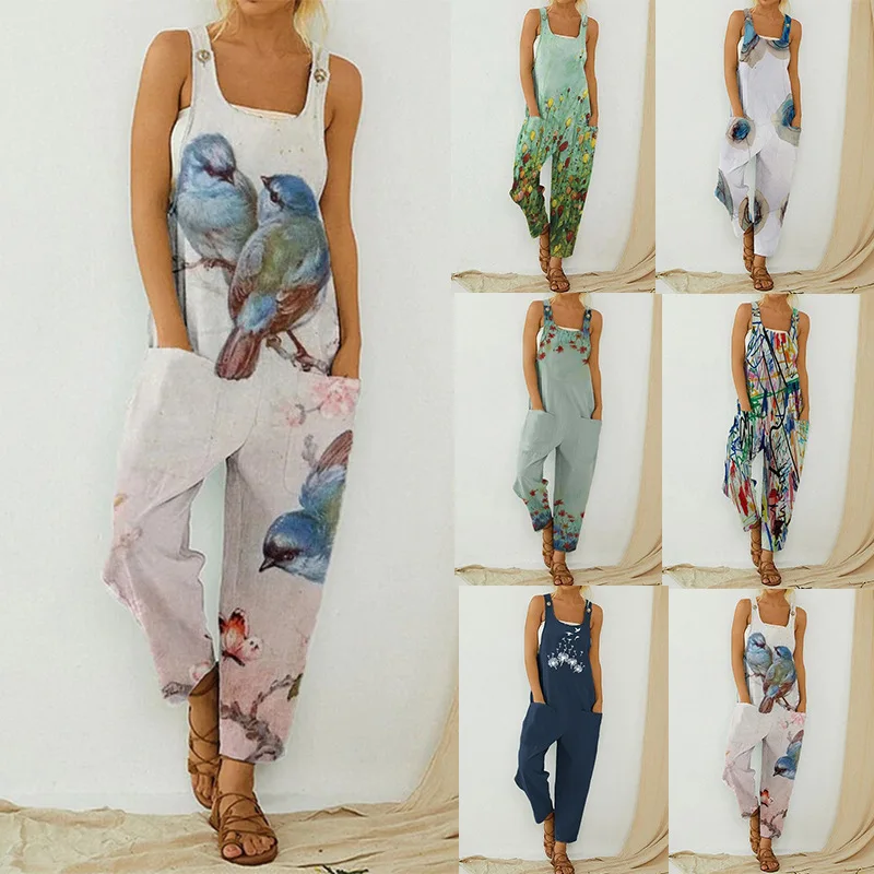 

Spring Fashion Printed Jeans Overalls Womens Denim Suspenders Cowboy Jumpsuits Long Pants Pocket Floral Rompers 2023 New