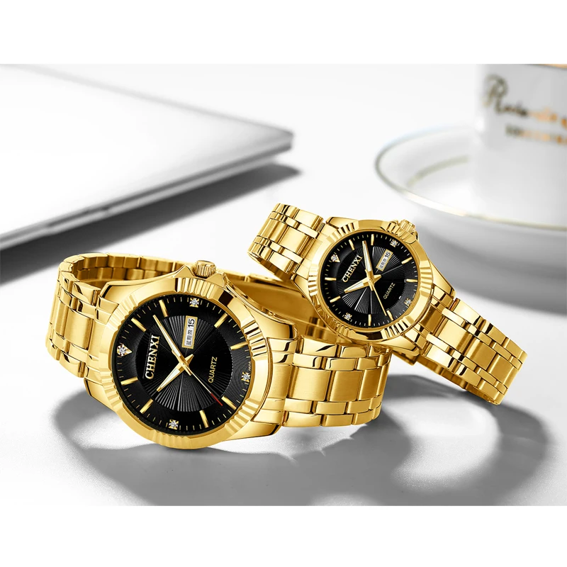 His Hers Watch Sets Gold Watches Men Stainless Steel Fashion Business Week Calendar Quartz Wristwatch Couple Watch Free Shipping